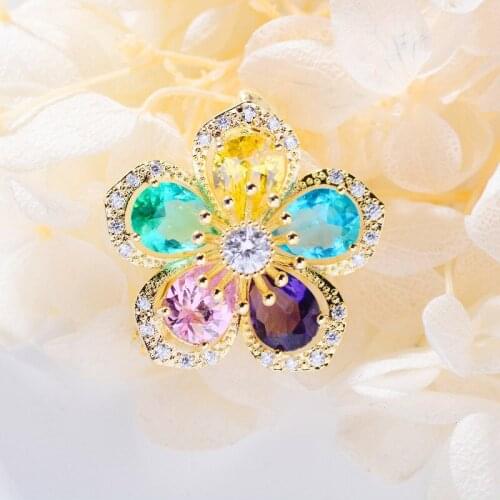Cute Women Rainbow Flower Brooch Elegant Big Crystal Zircon Plant Brooches Fashion Lady Wedding Brooch Pin Jewelry