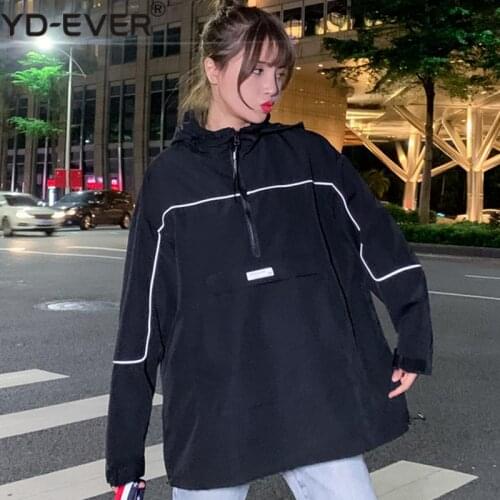 Cute Womens Windbreaker With Reflective Tape Grey Black Hooded Track Jacket Hoodie Coats Female Outdoor Clothing