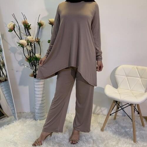 Muslim Ladies Two-piece Suit Set Arab Turkey Islam Brief Solid Long Sleeve Top+Pant Casual Set