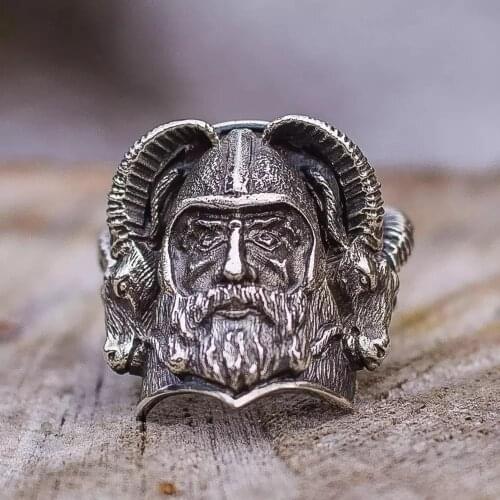 Mens Stainless Steel Ring Viking Sheep Head Retro Odin Logo Ring Creative Party Motorcycle Rider Fashion Jewelry