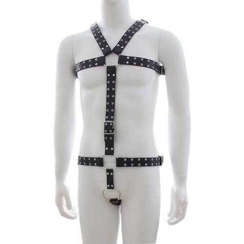 Mens Studded Leather Body Bondage Gear with Penis Ring Fetish Restraint Harness Suit Male Slave Sex Products