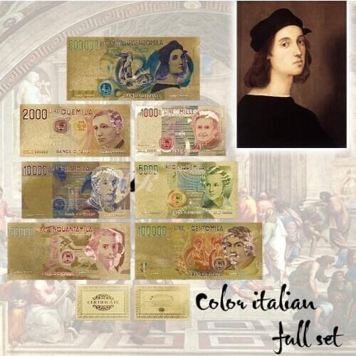 Colorful Italy Lira Banknote Set 7pcs Full Set Normal Gold Foil Banknote Italian Currency Souvenir For Decoration