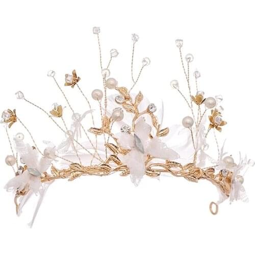 New Queen Princess Crystal Rhinestone Golden Crown Bride Butterfly Feather Headband Girl Wedding Birthday Party Show Jewelry