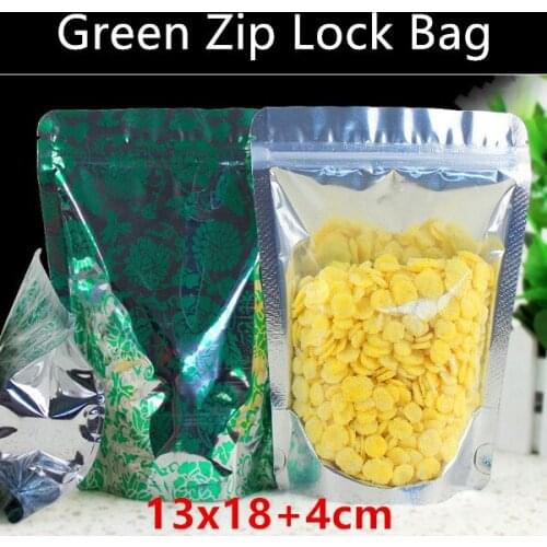 Wholesale 100pcs 13*18cm+4cm 180micron Green Foil Stand up Zip Lock Bag Tea/Cereals/Spice/Candy/Nuts Packaging Bag