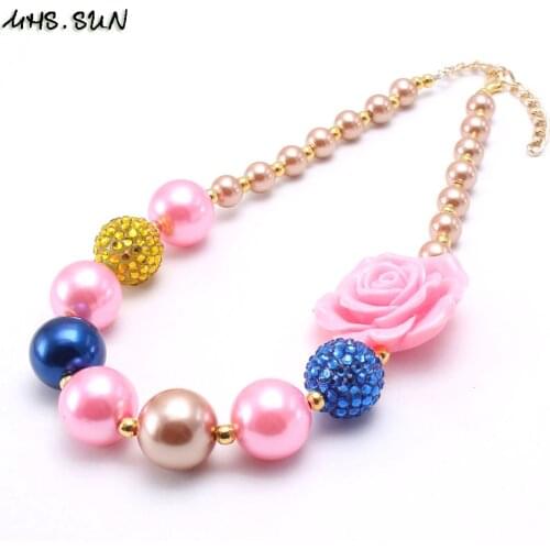 MHS.SUN New Arrival Charm Pink Flower Baby Girls Necklace Handmade Chunky Bubblegum Beads Necklace For Christmas Party Gift 1PC