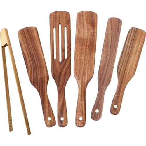 PPYY-6-Piece Cooking Utensils Set Natural Teak Kitchen Wooden Cooking Utensils Set Spatula Slotted Spatula