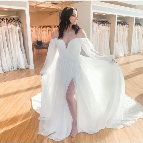 Chiffon Wedding Dress Long Sleeve Split Floor length 2021 Sweetheart Backless Beach Vintage Rustic Bridal Gown Elegant For Women