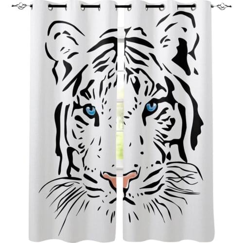 White Tiger Art Minimalistic Abstract Blue Eyes Room Curtains Large Window Living Room Bedroom Kids Window Treatment Curtain