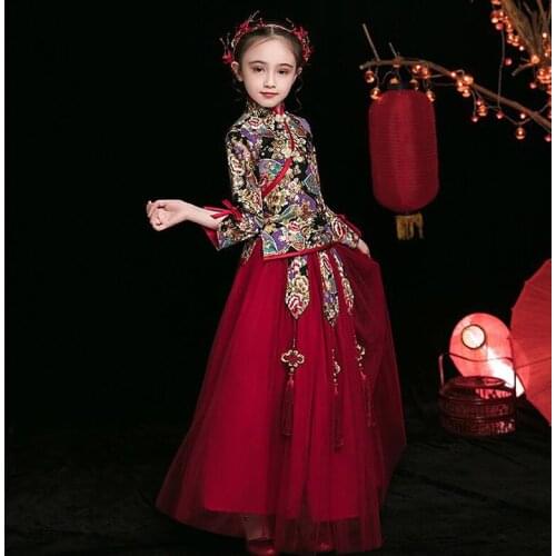 Chinese HanFu Dresses for Girls Flower Girl Wedding Bridesmaid Lace Embroidery Flower Kids Cheongsam Christmas dress new arrival