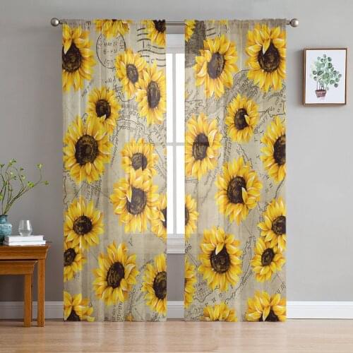 Sunflower Vintage Map Window Treatment Tulle Modern Sheer Curtains for Kitchen Living Room the Bedroom Curtains Decoration
