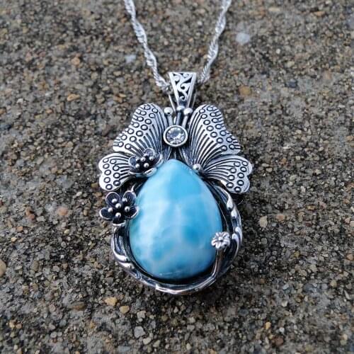 High Quality Natural Gemstone Dominica Larimar Flower Drop Pendant in 925 Sterling Silver