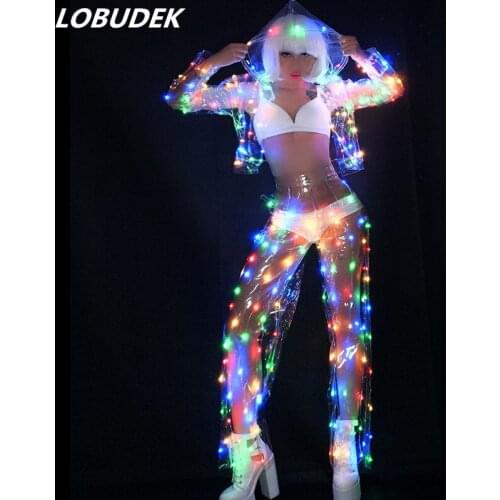 Female Sexy Perspective Color LED Lights Performance Clothes Music Festival Nightclub Singer Dance Team DJ Disco Costume