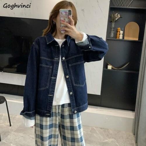Women Basic Jackets Turn-down Collar Single Breasted Dark Blue Vintage Ulzzang Stylish All-match Female Denim Spring Hot Selling
