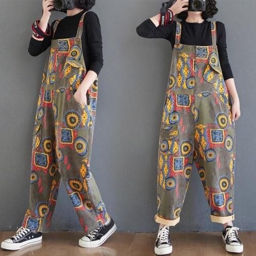 Personality Print Bib Women 2021 Korean Pants Loose Harem Overalls Nine-point Straight Jumpsuit Trousers Streetwear
