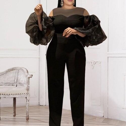 Sexy Sleeveless Black Jumpsuit Women Summer 2021 Mesh Party Rompers Elegant Office Casual Overalls Wide Leg Pant Shoulder Slit