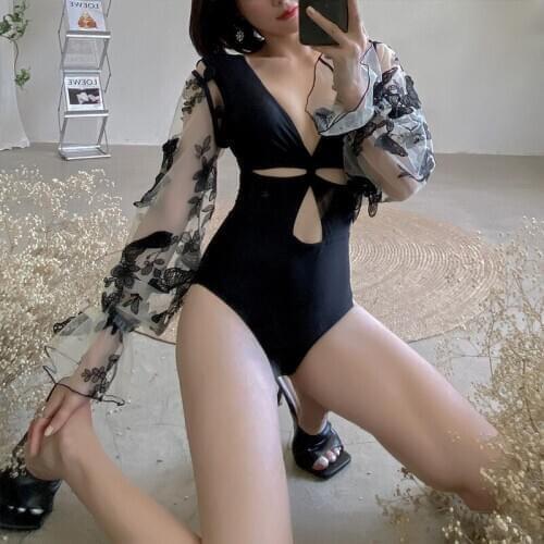 Women One Piece Swim Suit 2021 Newest Sexy Long Sleeves Vintage Monokini Floral Print Bathing Suit Maillot De Bain Femme