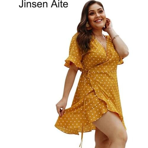 Jinsen Aite Women Summer Dot Print Dress Butterfly Sleeve Sexy V-Neck Holiday Bohemian Beach Ladies Dresses Plus Size 4XL JS862