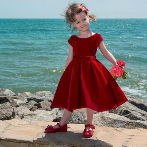Velvet Tea Length Kids Flower Girls Dresses 2020 Scoop Ball Gown Princess Little Girls Wedding Party Dress First Communion Gowns
