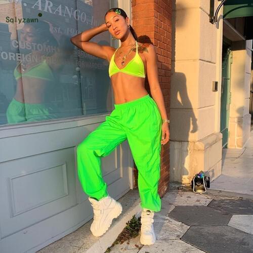 Women High Waist Pants Fluorescent Yellow Loose Joggers Female Trousers Sweatpants 2019 Autumn Winter Track Pants Punk Capris