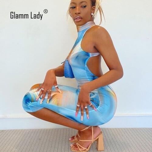Glamm Lady Print Bodycon Sexy Party Summer Dress Women Backless Midi Dress Casual Club Dresses Turtleneck Vestidos 2021 Fashion