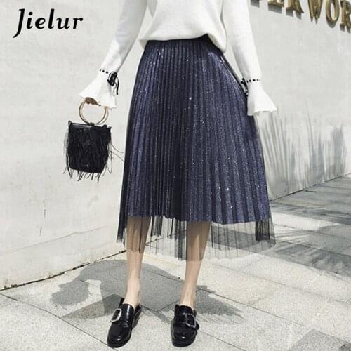 Jielur Winter Fashion Pleated Skirt Female Autumn Mid-length Mesh Skirts Womens Elegant Lady Shiny Sequins Silver Black Saias