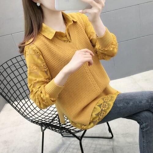 Two-piece shirt collar sweater women loose outer wear bottoms 2021 spring dress new lace sleeve knitted top tide