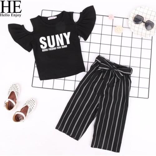 HE Hello Enjoy Summer Girls Clothes Sets Childrens Clothing Fashion Girl Print Letter Shirt Top+Striped Pants Suits 2019 Kids