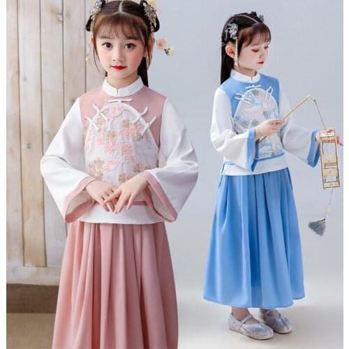 Spring Autumn Girls Chinese National Style Sets Embroidery Coat+skirt 2PCS Suit Children Traditional Tang Dynasty Girl Clothes