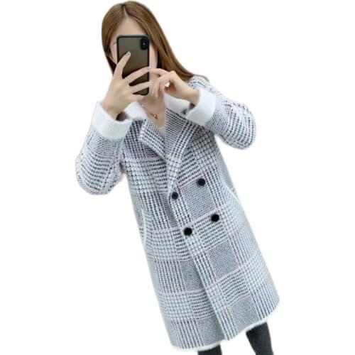 Mink Velvet Jacket Women Sweater Outerwear Long Spring Autumn Cardigan Sweater Female Loose Imitation Mink Plaid Overcoat Lady
