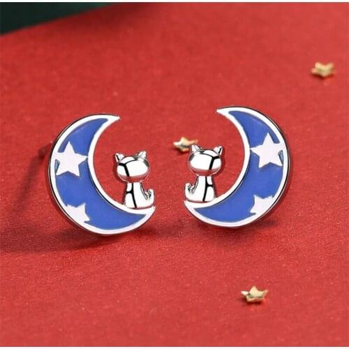 Oly2u Minimalist Lovely Cat on the Moon Stud Earrings Christmas Jewelry for Girls Zircon Earrings brincos oorbellen