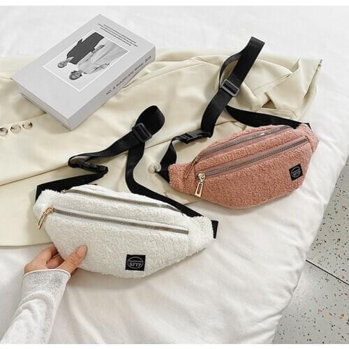 Casual Autumn Winter Plush Fanny Chest Pack Women Waist Double Zipper Belt Pack Shoulder Bag Money Purse Handbags