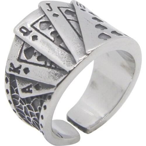 Adjustable Poker Card Ring For Man 316L Stainless Steel Punk Biker Style Jewellery Size 7-13