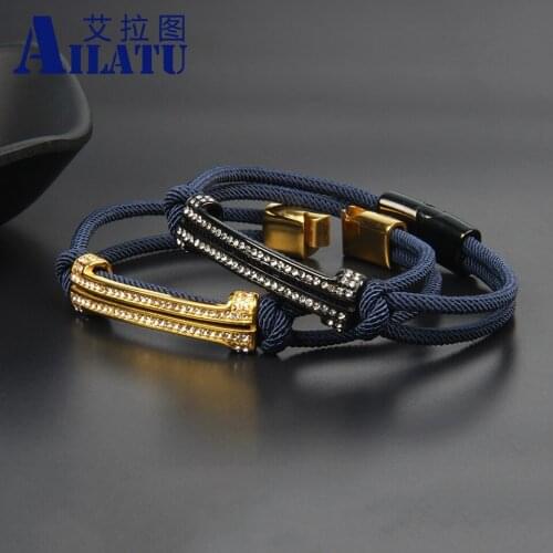 Luxury Stainless Steel CZ Long Tube Buckle Bracelet Navy Blue String Braided Mens Jewelry Birthday Gift Drop Shipping