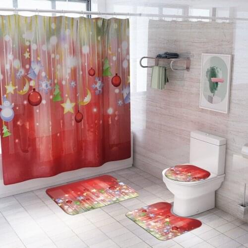 Merry Christmas Bathroom Set Stars Moons Snowmen Snowflakes Pattern Waterproof Shower Curtains Toilet Cover Mat Non Slip Rug