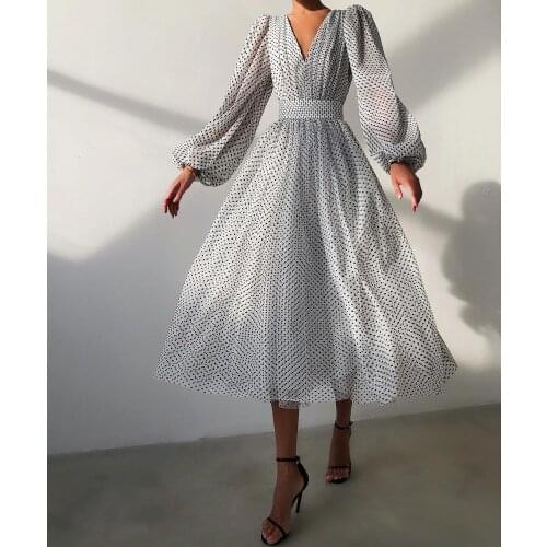 The Latest Ladies Sexy Polka Dot Puff Sleeve Dress Casual Tight V-Neck Waist Party Evening Dress Female Dress