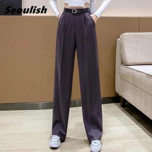 Seoulish 2021 New Formal Womens Wide Leg Long Pants with Belt Purple High Waist Female Workwear Elegant Trouses Pockets Spring