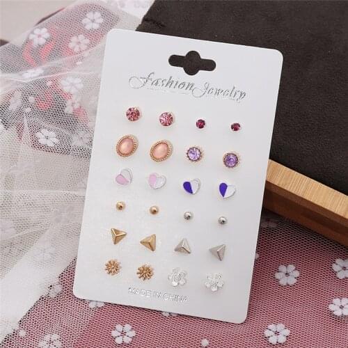 HTZZY 12 Pairs/set Earrings for Women Fashion Jewelry Pink and Red Crystal Heart Geometry Stud Earrings Cute Korean Earrings