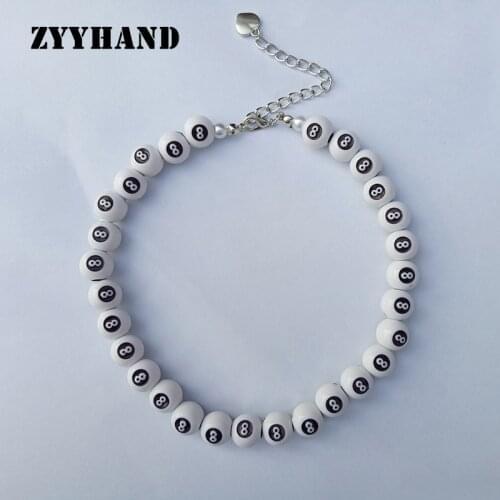 Snooker Black Ball 8 Plastic Necklace 41CM White Beads Short Style Lady Party Hip Hop Rock Girl Strand Neck Jewelry