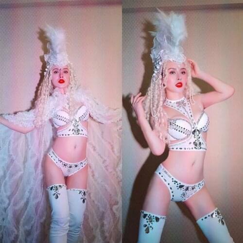 Rhinestone Bikini Suit Lace Coat Feather Headdress For Female Singer Nightclub Gogo Dancer Festival Clothing Rave Outfit DWY6142