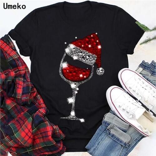 Umeko Summer Fashion Blouse Women T-Shirts Christmas Wine Glass Printed Casual Short Sleeve Tops Harajuku Shirt Women Pullover