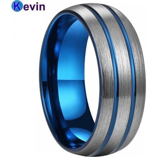 8MM Mens Tungsten Wedding Ring Blue Double Grooved Wedding Band Engagement Ring