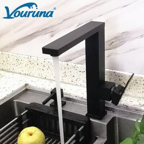 VOURUNA New Arrival Wholesale Water Saver Square Style Solid Heavy Brass Alba Black Kitchen Sink Faucet Mixer Taps