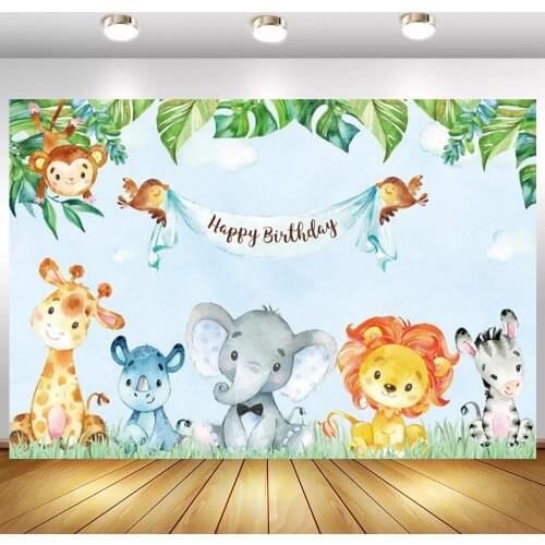 Cartoon Animals Zoo Party Happy Birthday Photo Background Kids Cake Dinner Table Decor Backdrop Photography Spring Leaves