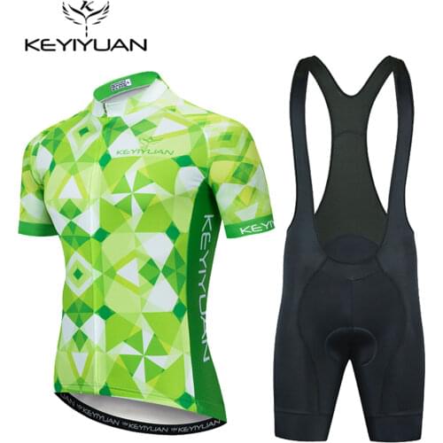 Keyiyuan Green Grid Cycling Jersey 19D Gel Bike Shorts Bib Set Ropa Ciclismo MenS MTB Bicycling Maillot Clothing
