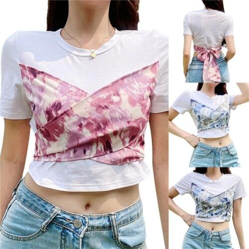 Womens Casual Short Sleeve T-shirt Fashion Printing Stitching Bandage Slim Fit Exposed Navel Tops, Pink/Blue