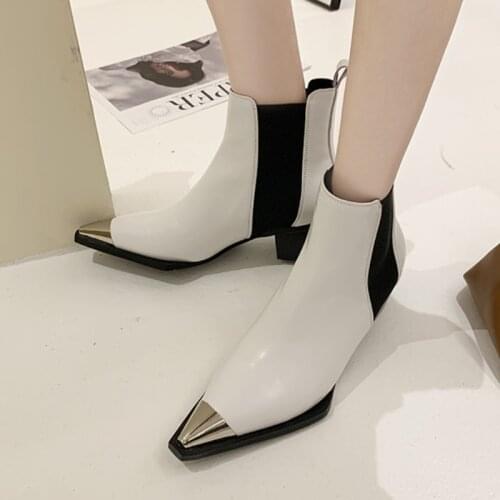 Lucyever Metal Pointed Toe Chelsea Boots Women Autumn Mix Color Square Heels Ankle Boots Woman 2021 New Pu Leather Slip on Botas