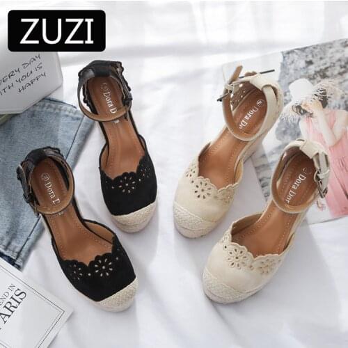 ZUZI Womens Espadrilles Wedge 2021 New Sandals Skirt Hollow Single Shoes Womens Fashion Pointed High Heels Thick Bottom Straw