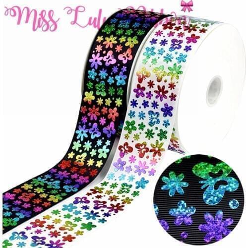 3"75mm Rainbow Hologram Foil Butterfly Flower Printed Solid Grosgrain Ribbon DIY Bowknots Hair Band Making 50yards/roll
