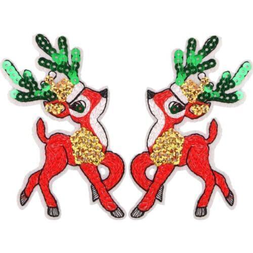 5pcs/lot Iron On Sequined Elk Patch Embroidery Christmas Animal Stickers DIY Sewing Garments Accessories For Coats Jeans Badge