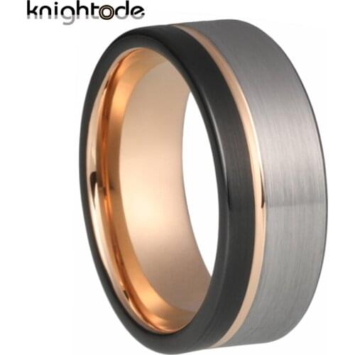8mm Black Tungsten Wedding Ring For Men Women Grooved Rose Gold Engagement Band Matted Brush Surface Comfort Fit Design